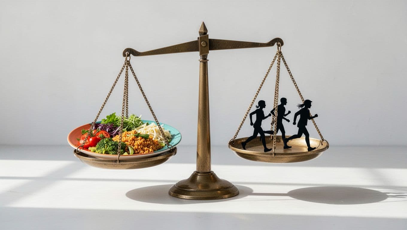 Simple illustration of a balanced scale for weight loss energy balance, with healthy meals on one side and icons of walking, running, and daily activities on the other side tipping slightly towards activity.