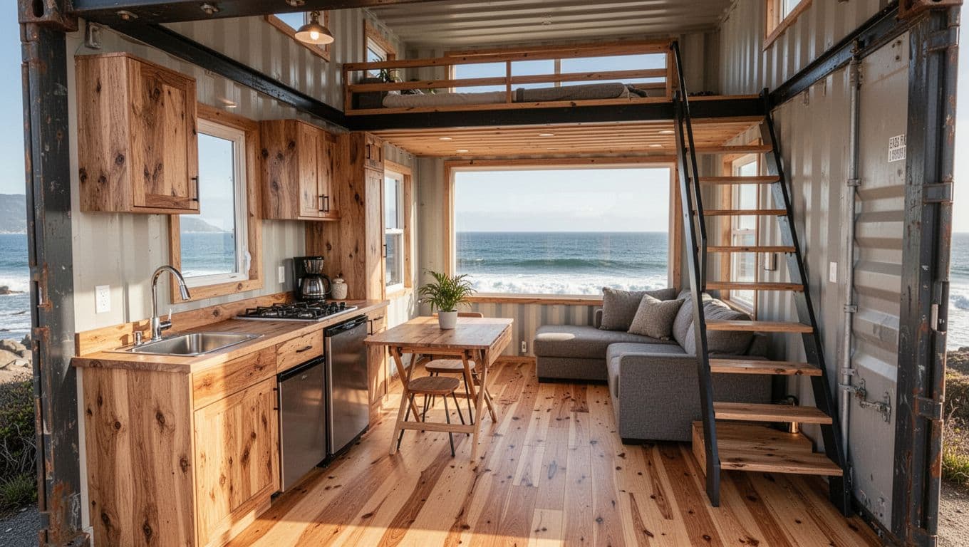 Realistic photograph of a spacious interior in a converted shipping container tiny home on a trailer, featuring a compact West Coast style kitchen, fold-down dining table, cozy living area with large picture window overlooking the Pacific Ocean, and natural wood accents.