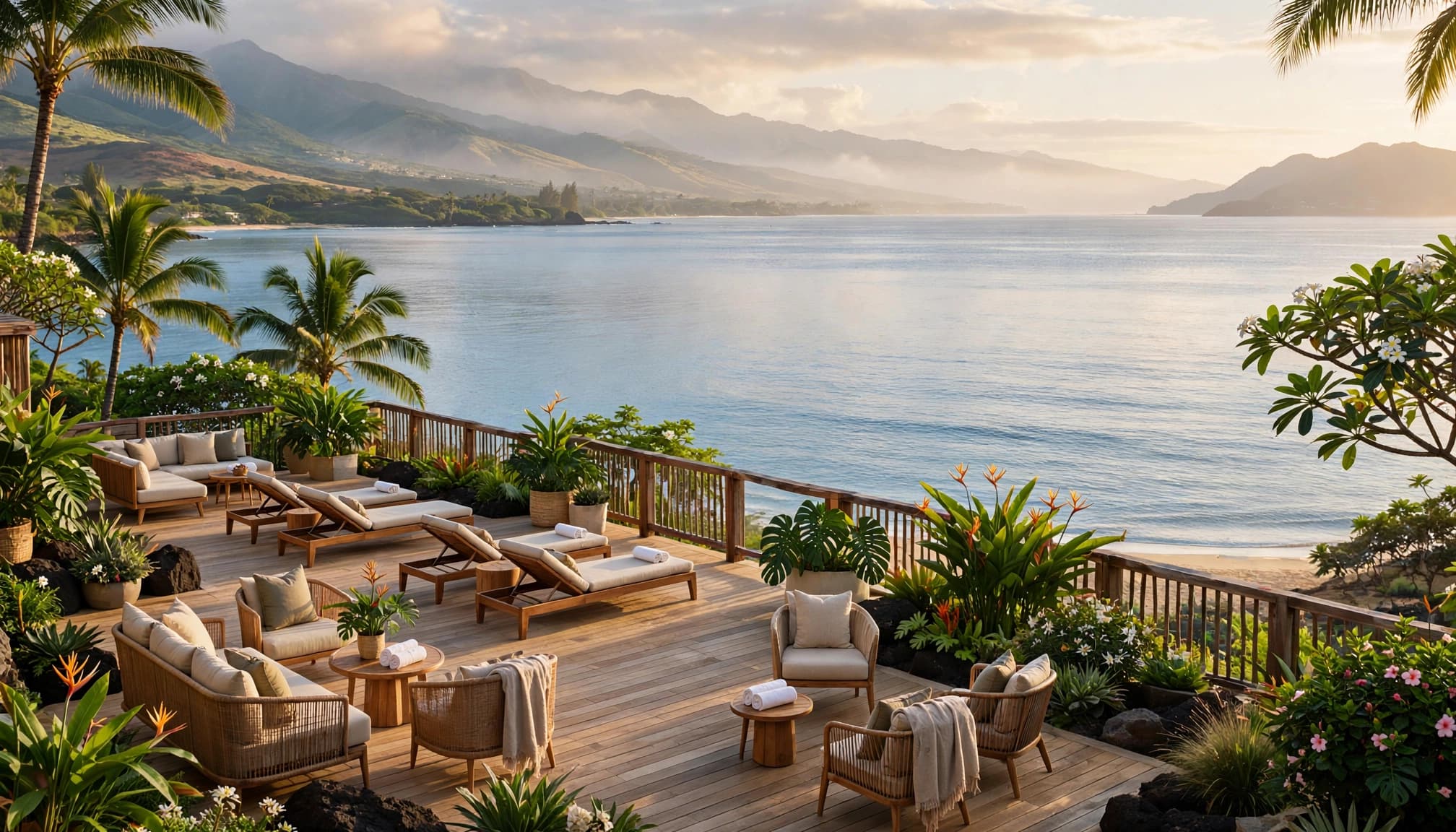 Luxury resort terrace overlooking calm Pacific water and volcanic mountains.
