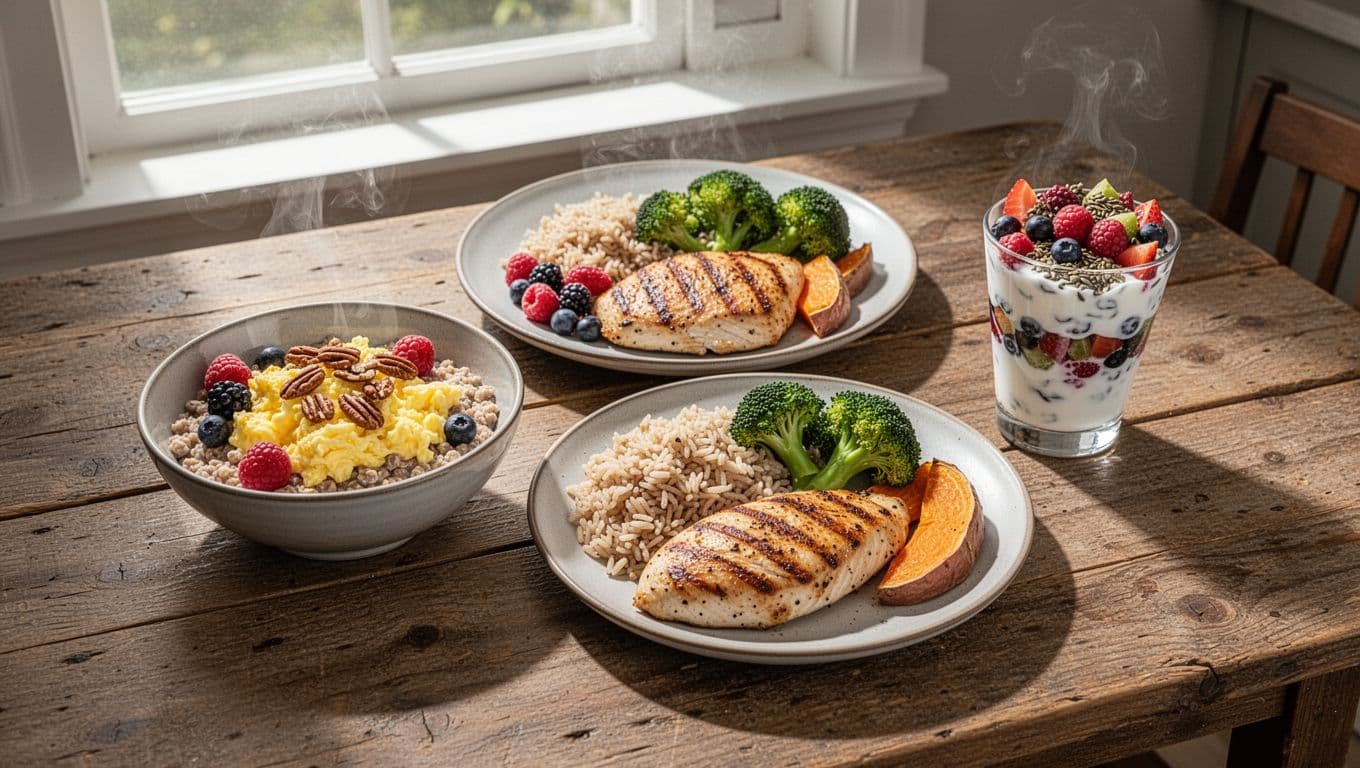 Assortment of three whole food meals on a wooden kitchen table for body recomposition: steel cut oats with scrambled eggs, berries, and nuts for breakfast; grilled chicken breast with brown rice, broccoli, and sweet potato post-workout; Greek yogurt parfait with fruits and seeds as snack. Top-down realistic photography in natural daylight with vibrant colors and steam.
