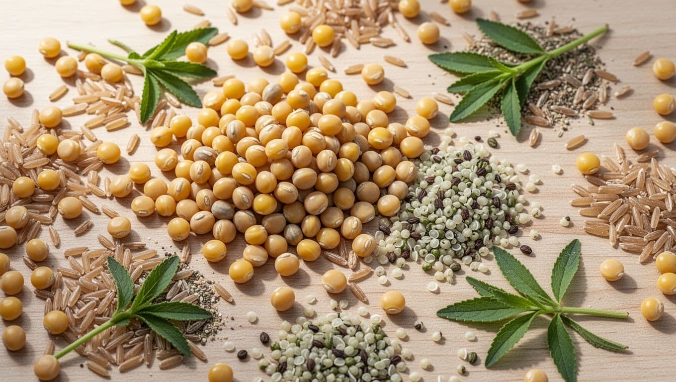 Scattered yellow peas, brown rice grains, hemp seeds, and stevia leaves on a light wooden surface, captured in a close-up top-down photorealistic food photography style with natural daylight.
