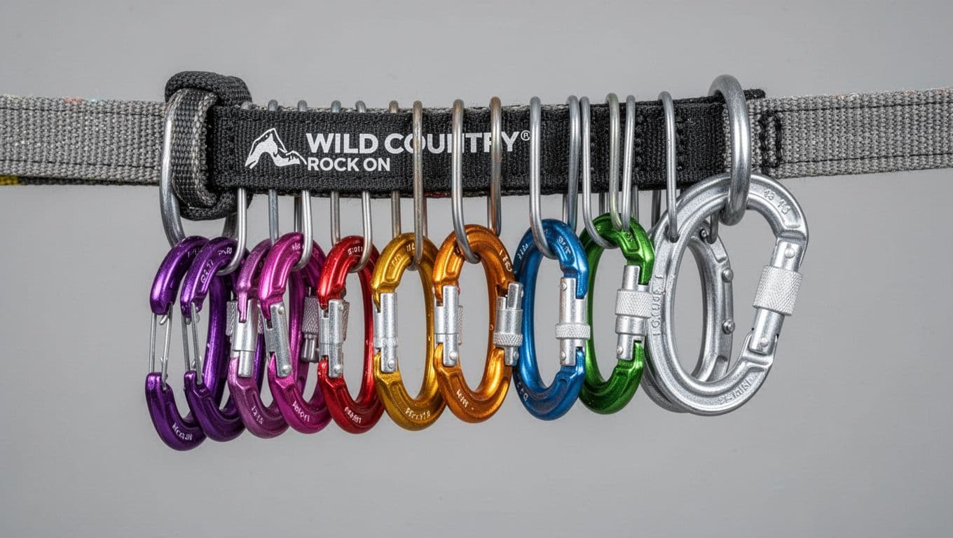 Close-up high-detail product photography of a climbing sling loaded with Wild Country Rock On wires sizes 1-10 in rainbow order from violet to silver, extended straight on neutral gray background with even natural lighting.