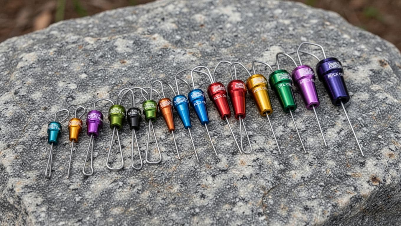 Ten Wild Country Rock On Wire nuts in sizes 1 to 10 arranged from smallest to largest on a rough gray granite slab. Curved tapered shapes, thin wires, and color-coded anodized heads visible in high-detail realistic product photography with natural outdoor lighting.