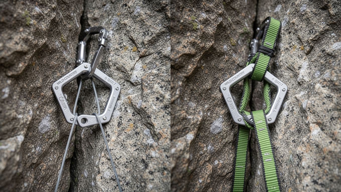 Side-by-side comparison of two Wild Country Rockcentric hex size 7 placed in granite cracks: left with thin wire gate sling, right with Dyneema tape sling, on an outdoor climbing wall under soft diffused daylight with high detail on gear and rock textures.