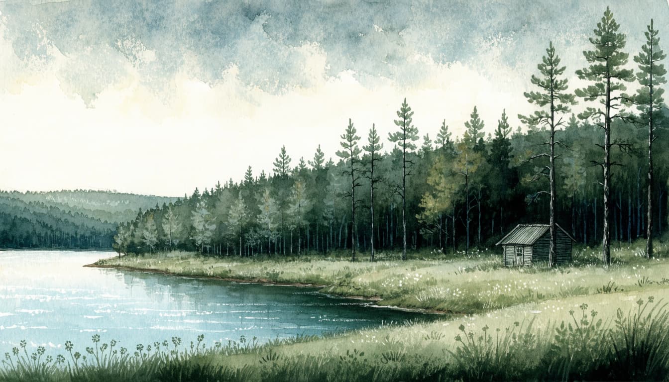 A watercolor painting of a small cabin by a calm lake and pine forest.