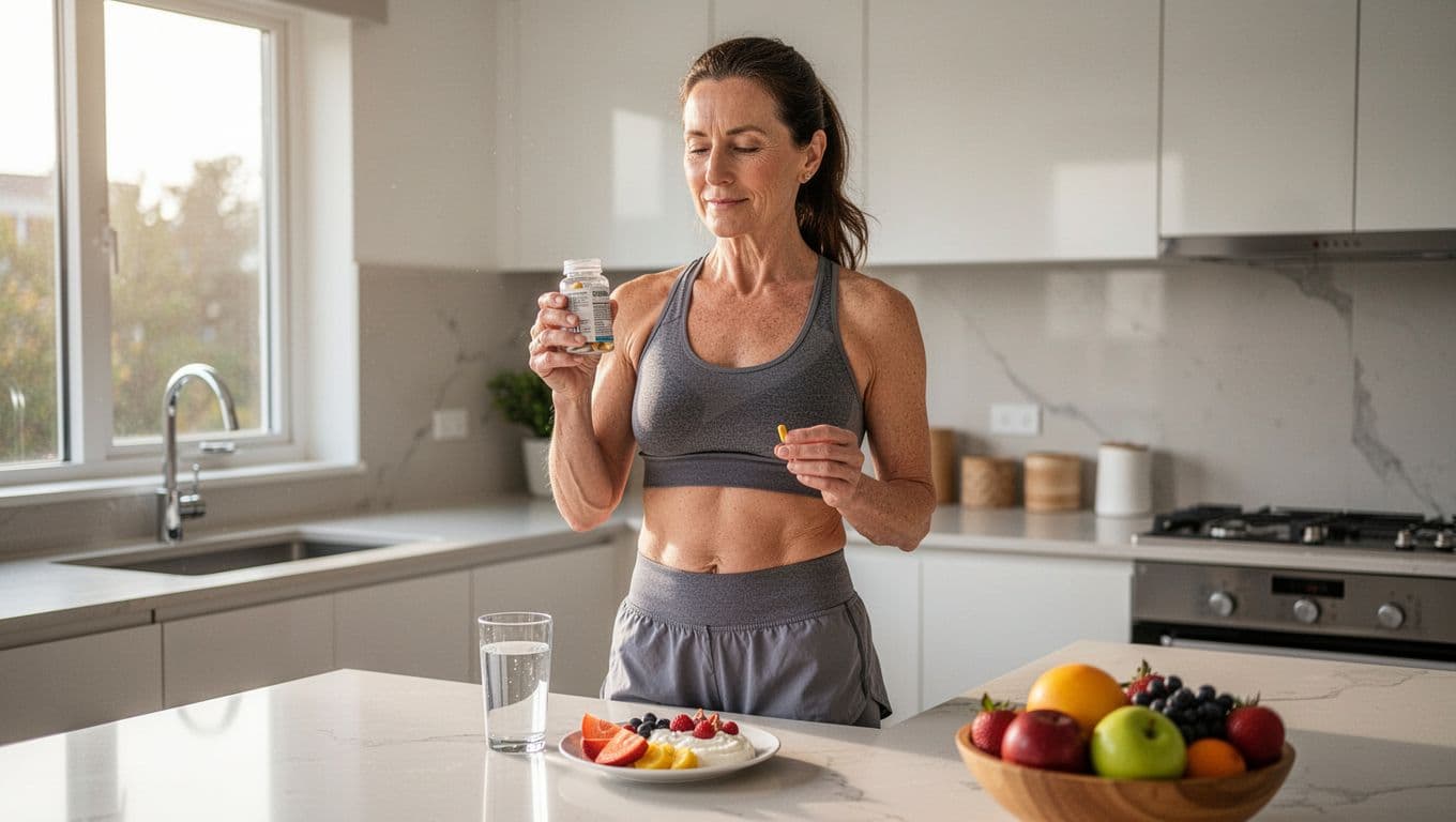 A woman in her early 40s stands calmly in a bright modern kitchen during morning light, holding a clear supplement bottle and taking a capsule with water next to a plate of fruit and yogurt, dressed in activewear.