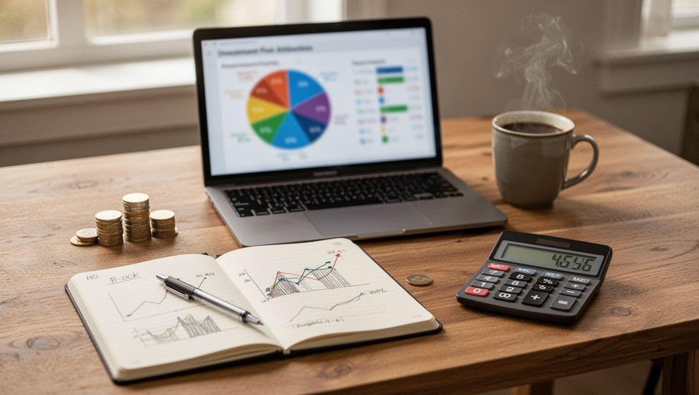 Realistic top-down photo of an organized wooden desk with open laptop showing blurred colorful investment portfolio pie chart, notebook with hand-drawn graphs and pen, blurred calculator with positive number, small coin stack, steaming coffee mug, and soft natural light.