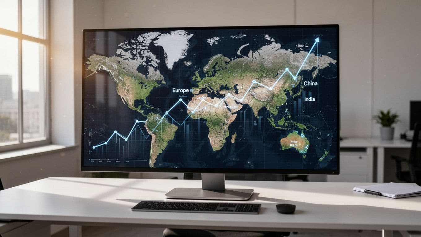 World map centered on Europe and Asia overlaid with upward stock charts over key regions on office desk.