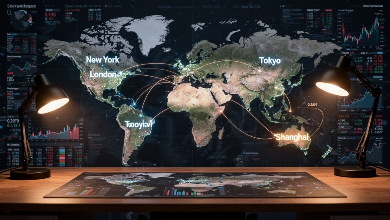 A realistic digital art depiction of a world map on a desk, illuminated by a warm desk lamp, with subtle glowing lines connecting major stock exchanges in New York, London, Tokyo, and Shanghai, set against a financial data abstract background.