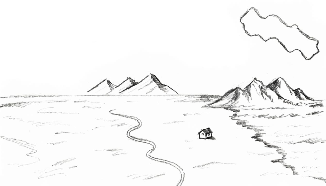 A pencil sketch of a landscape with mountains, a winding road, and a tiny cabin.