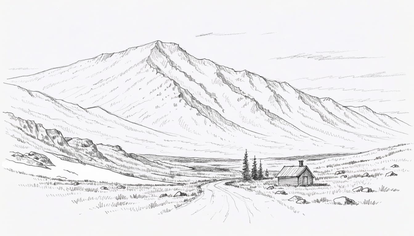 A graphite sketch of a small cabin in a mountain valley with a winding road.
