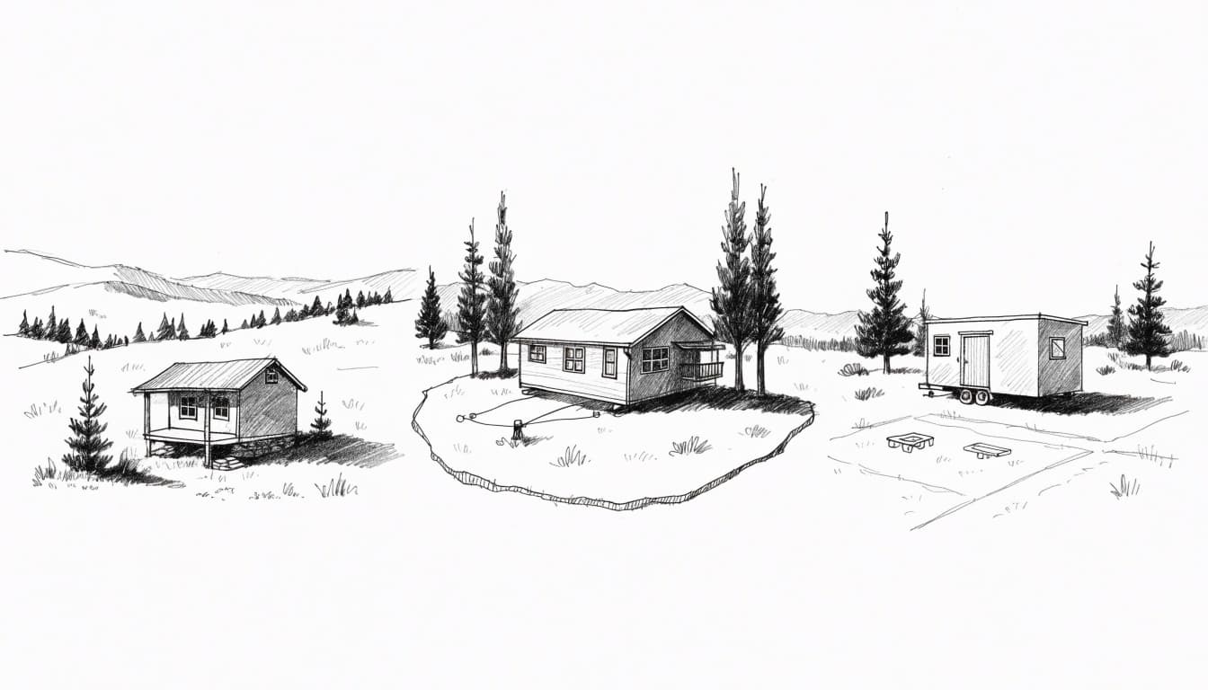 A hand-drawn sketch of three different Wyoming vacation stays in a wide landscape.