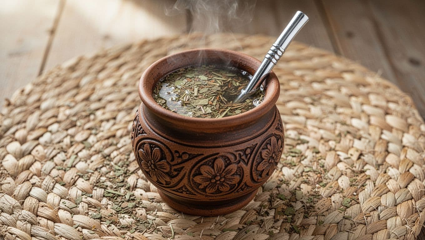 Traditional yerba mate gourd filled with green yerba mate leaves and hot water, silver bombilla straw inserted, placed on woven straw mat in natural diffused daylight, photorealistic style.