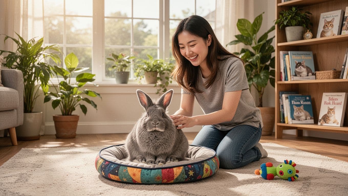 In a bright cozy living room, a smiling young Asian woman kneels gently stroking her fluffy gray pet rabbit on a colorful bed, with natural sunlight, houseplants, and pet books in the background.