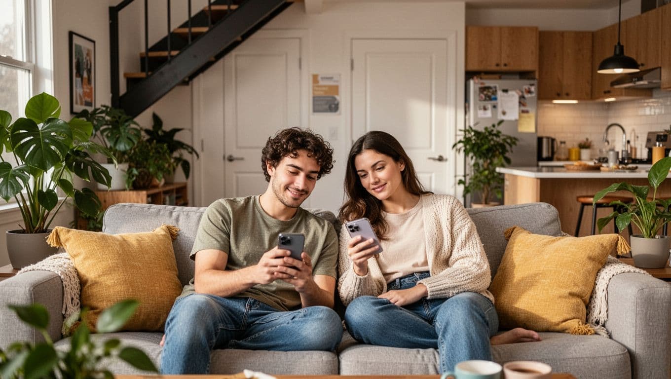 A young couple relaxes on a couch in a cozy duplex living room, checking a rent app on their phone, with roommates' doors, house plants, and a glimpse of the shared kitchen in the background. Modern realistic photo in warm natural light with portrait composition.