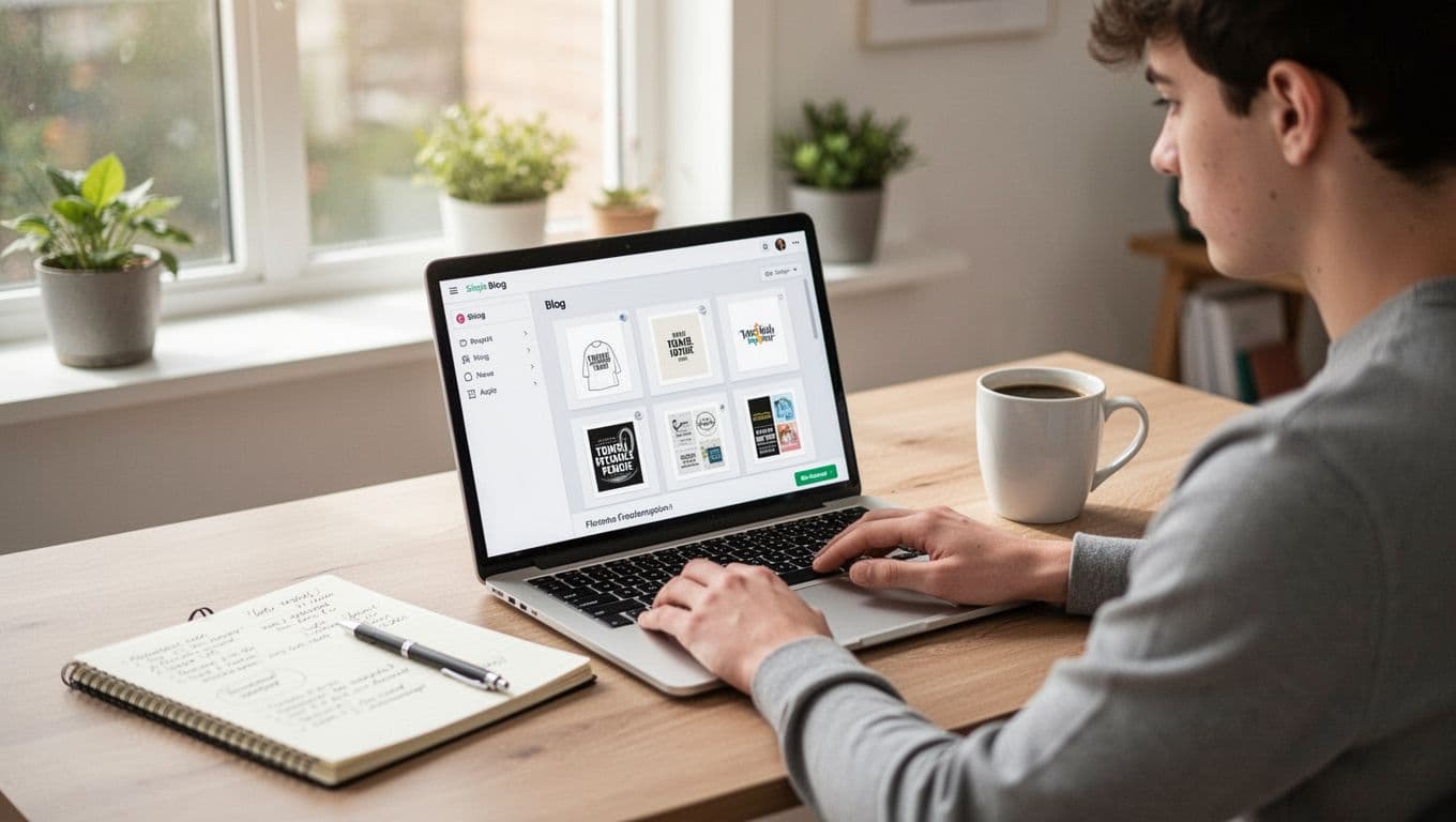 Young entrepreneur in a bright home office works on laptop displaying simple blog dashboard and printable design files, with notebook notes and coffee mug beside, natural window light.