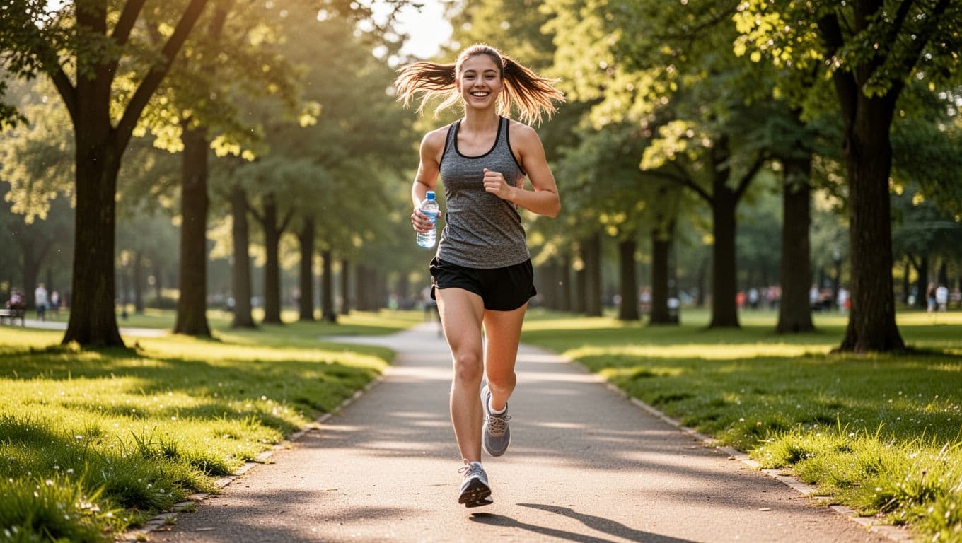 Energetic young adult in their 20s jogging lightly on a tree-lined park path during bright morning sunlight, smiling confidently while holding a water bottle.