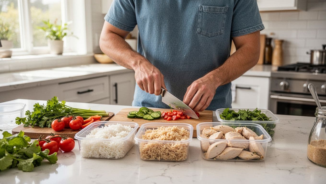 A young adult man in casual clothes chops vegetables and portions rice and chicken into three meal prep containers on the counter in a bright home kitchen with natural daylight.