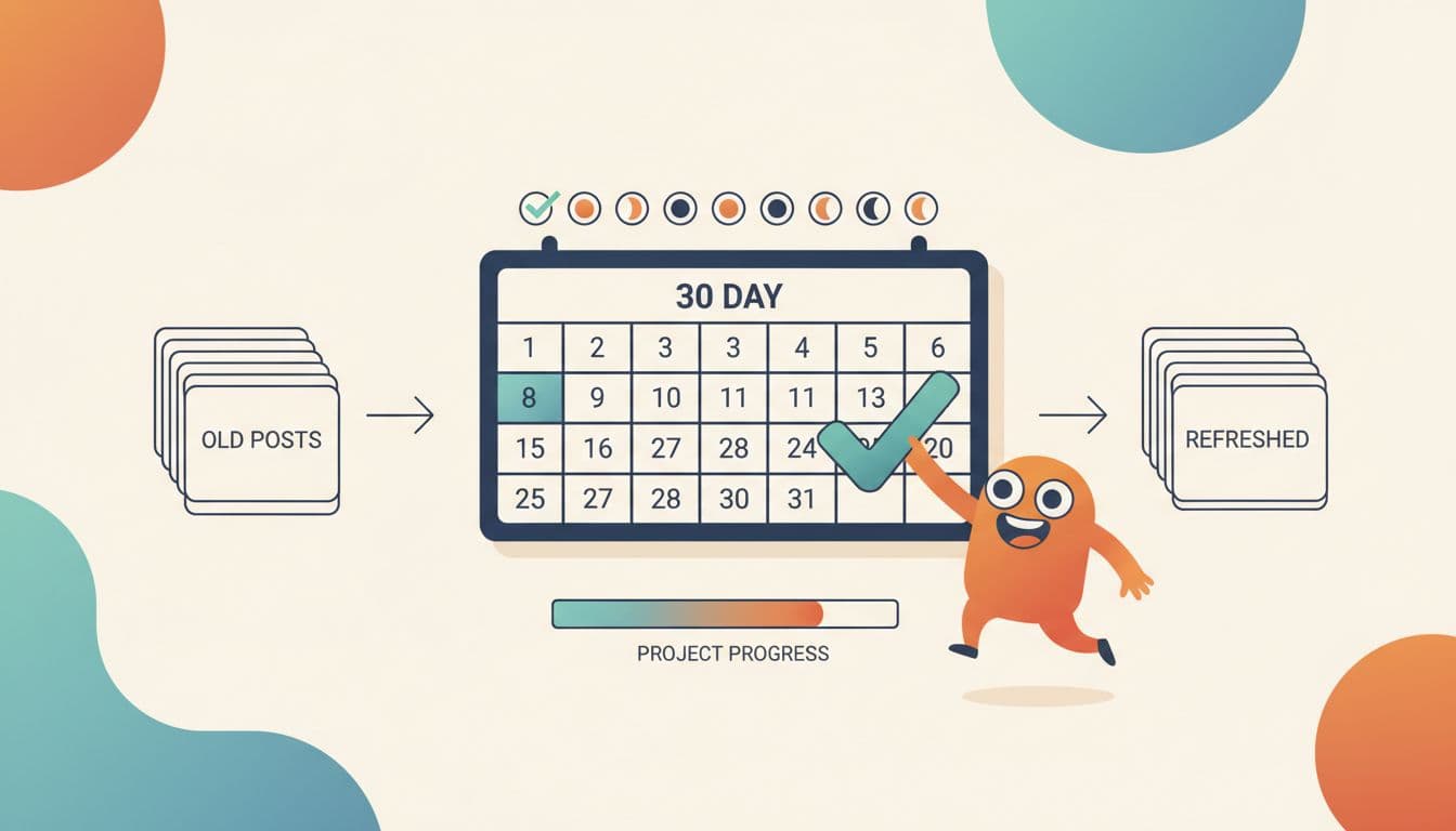 Modern flat vector illustration of a 30-day calendar board showing 10 content cards moving from an 'Old Posts' pile to a 'Refreshed' pile, with a filling progress bar, day icons, and a small excited character checking tasks.