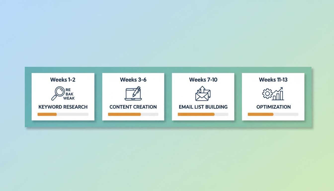Clean modern flat design horizontal roadmap divided into four 90-day segments: keyword research, content creation, email list building, and optimization, with progress bars, minimalistic icons, and high readability.