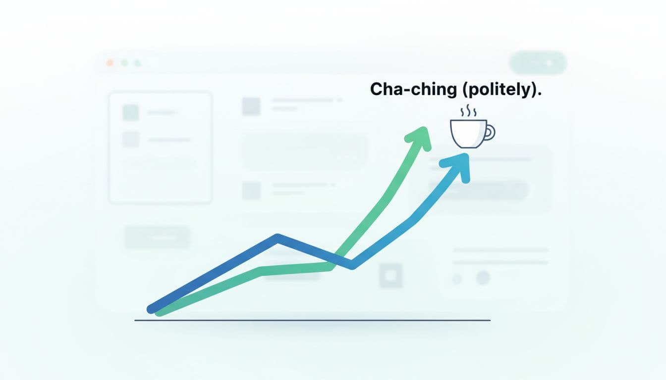 Clean, professional vector illustration of a commission dashboard with an upward-trending analytics chart and a modest celebratory coffee cup, ideal for SEO/affiliate marketing blog articles.