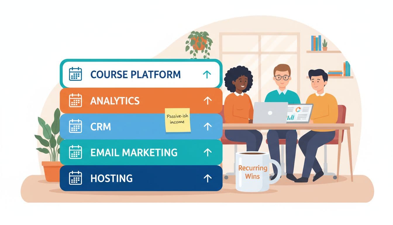 Modern flat vector illustration depicting a stack of blocks representing an affiliate income system: Hosting, Email Marketing, CRM, Analytics, and Course Platform, with diverse characters in a home office reviewing it.