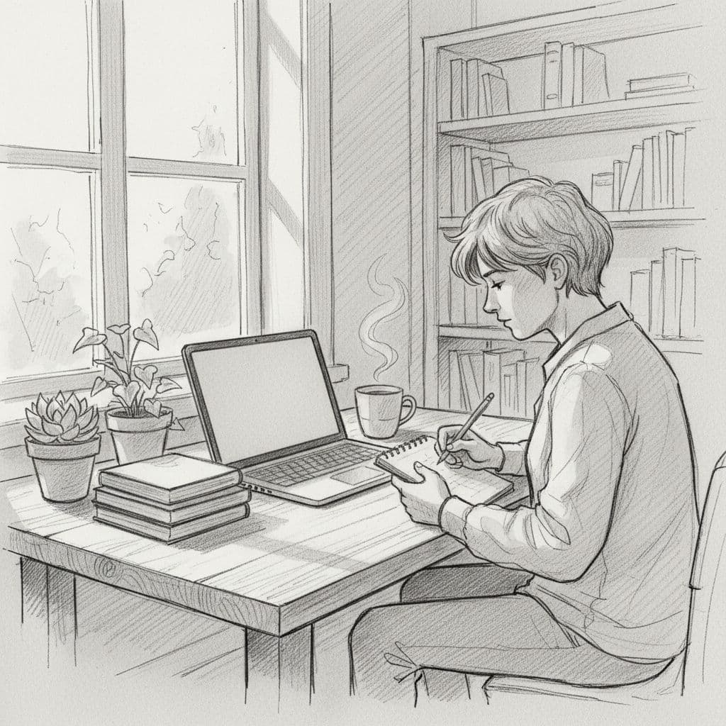 A graphite sketch of a professional working at a sunlit wooden desk with a laptop and supplies.