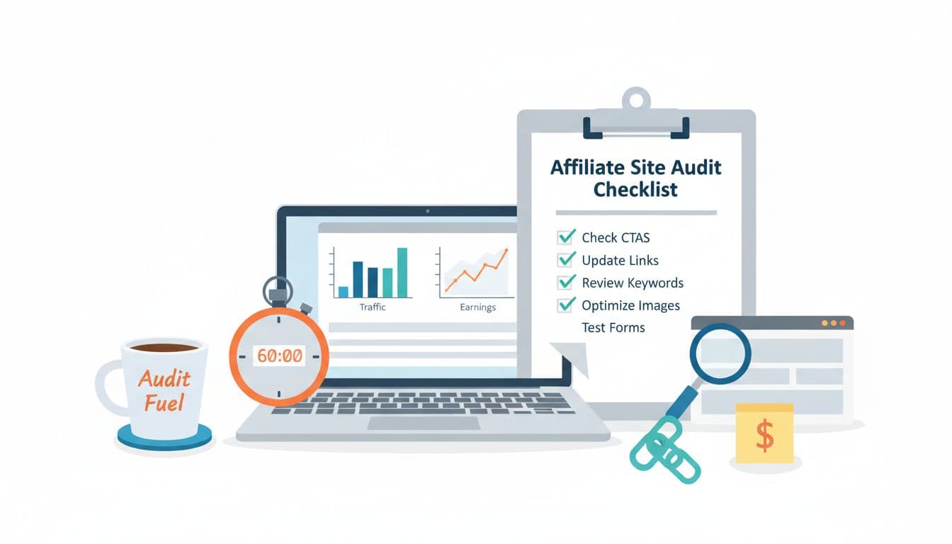 Clean 2D vector flat design illustration of a modern desk with an open laptop showing analytics dashboard, a clipboard featuring 'Affiliate Site Audit Checklist', stopwatch at 60:00, and subtle elements like a coffee mug labeled 'Audit Fuel'. Professional yet approachable tone with blues, teals, grays, and orange accents on white background.