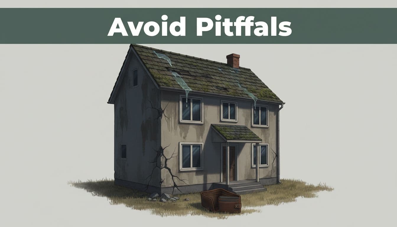 Dark green top band with white 'Avoid Pitfalls' headline above a house with cracked foundation, leaking roof, and nearby empty wallet under overcast sky.