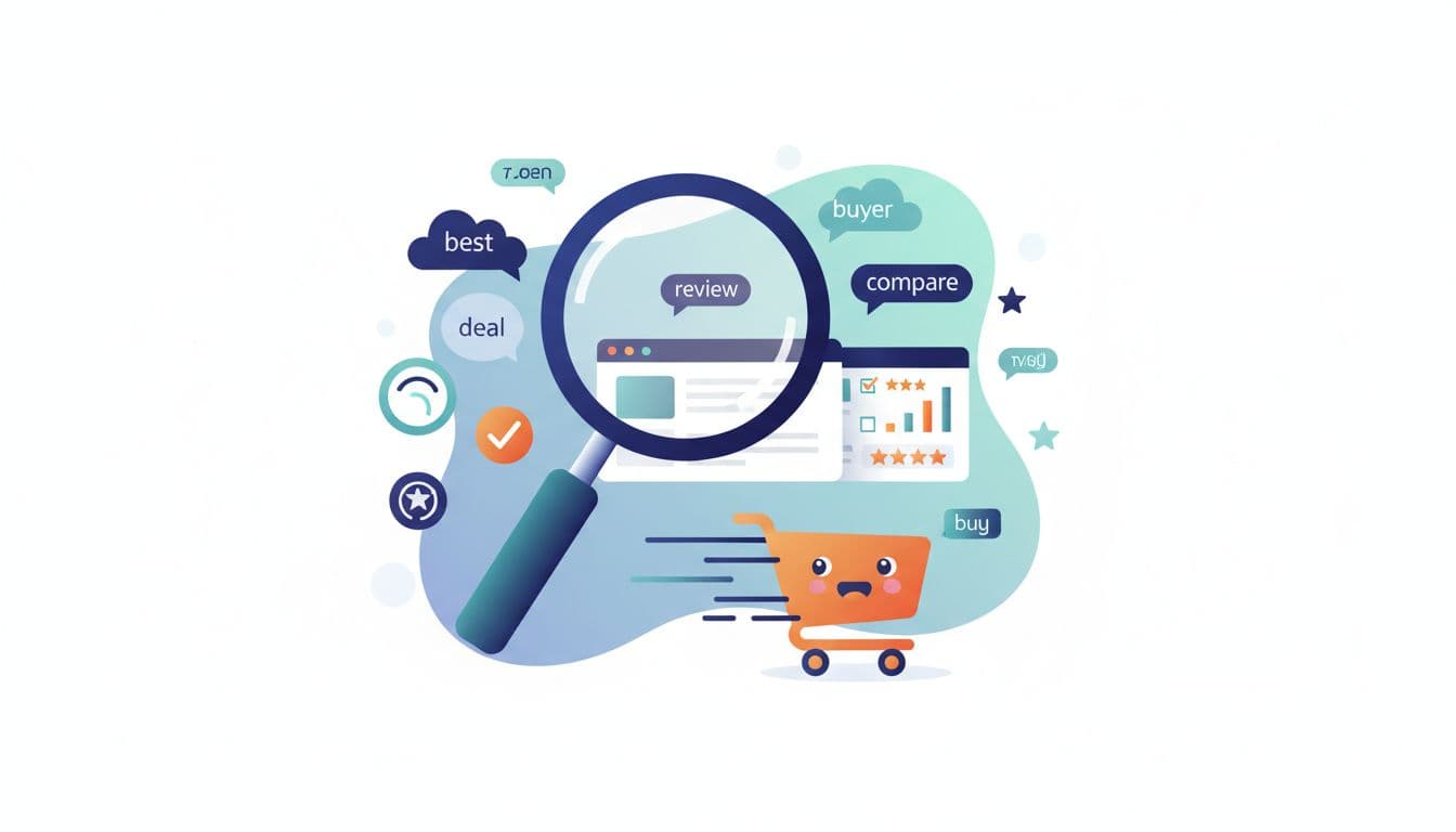 Illustration of buyer intent concept for affiliate marketing, featuring a magnifying glass over product comparison cards, review icons, shopping cart, and floating keyword tags in a clean modern flat-vector style with subtle gradients.