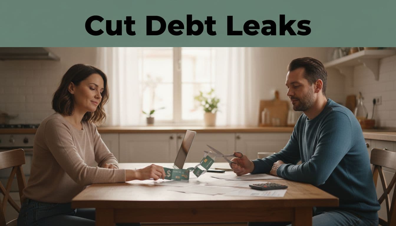 Editorial image with bold 'Cut Debt Leaks' headline on a dark-green band, showing a couple calmly reviewing bills at a kitchen table while scissors cut a credit card debt paper chain in realistic photo style.