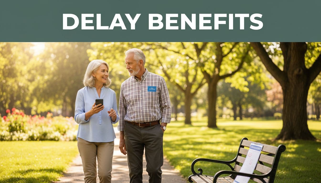 Bold 'Delay Benefits' headline on a dark-green band atop an image of a senior couple walking optimistically in a sunny park, subtly featuring a calendar and Social Security card, representing smart timing for increased retirement payouts.