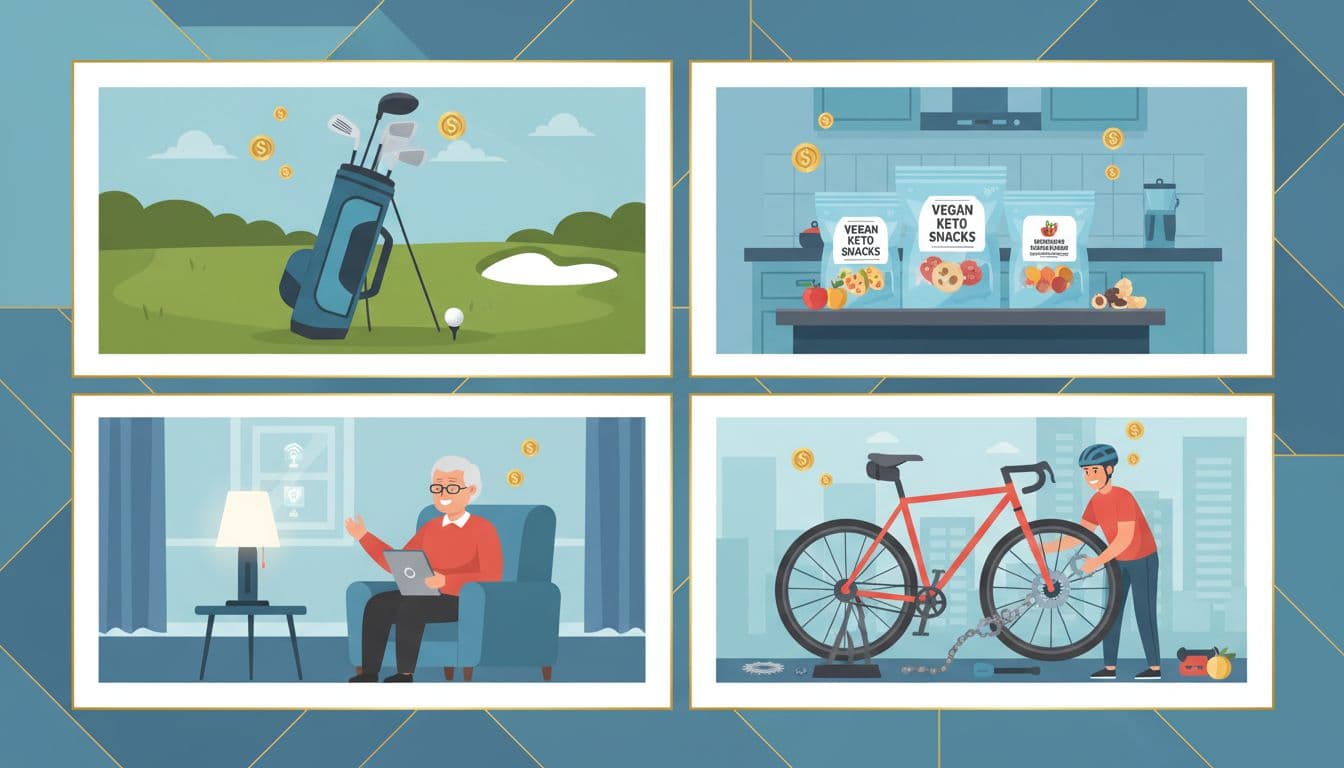 Split-scene illustration with four panels showcasing micro niche markets: left-handed golf gear on a course, vegan keto snacks on a kitchen counter, smart home devices for seniors, and custom bike parts for urban commuters, with floating dollar signs and modern flat style.