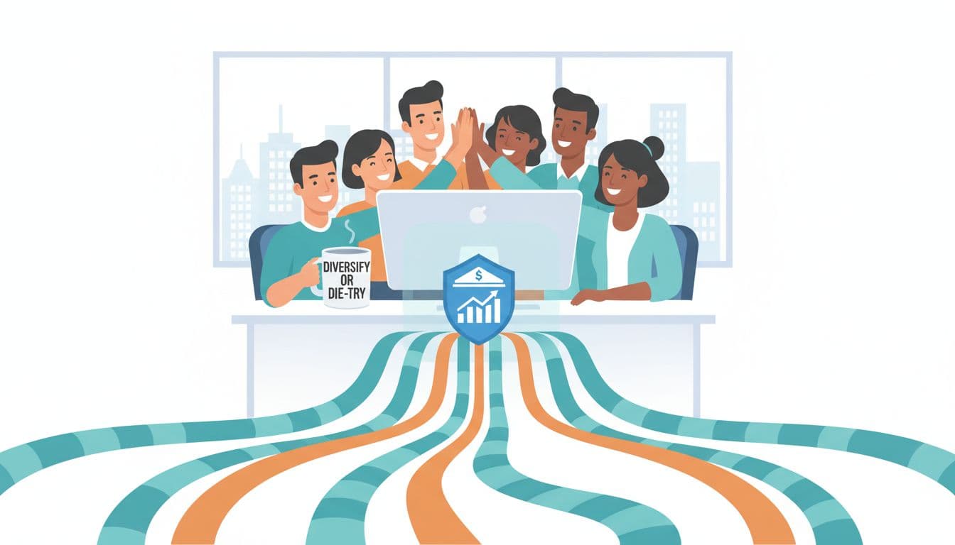 Vector flat art depicting five colorful revenue streams merging into a central dashboard showing steady growth, with a diverse team high-fiving in a home office. Humorous mug says 'Diversify or Die-try', professional vibe with city view.