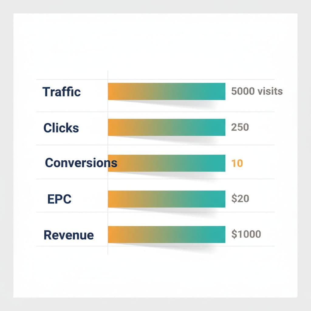 Simple horizontal bar chart illustrating earnings metrics: Traffic (5000 visits), Clicks (250), Conversions (10), EPC ($20), Revenue ($1000) in clean modern flat design with amber-to-teal gradients.