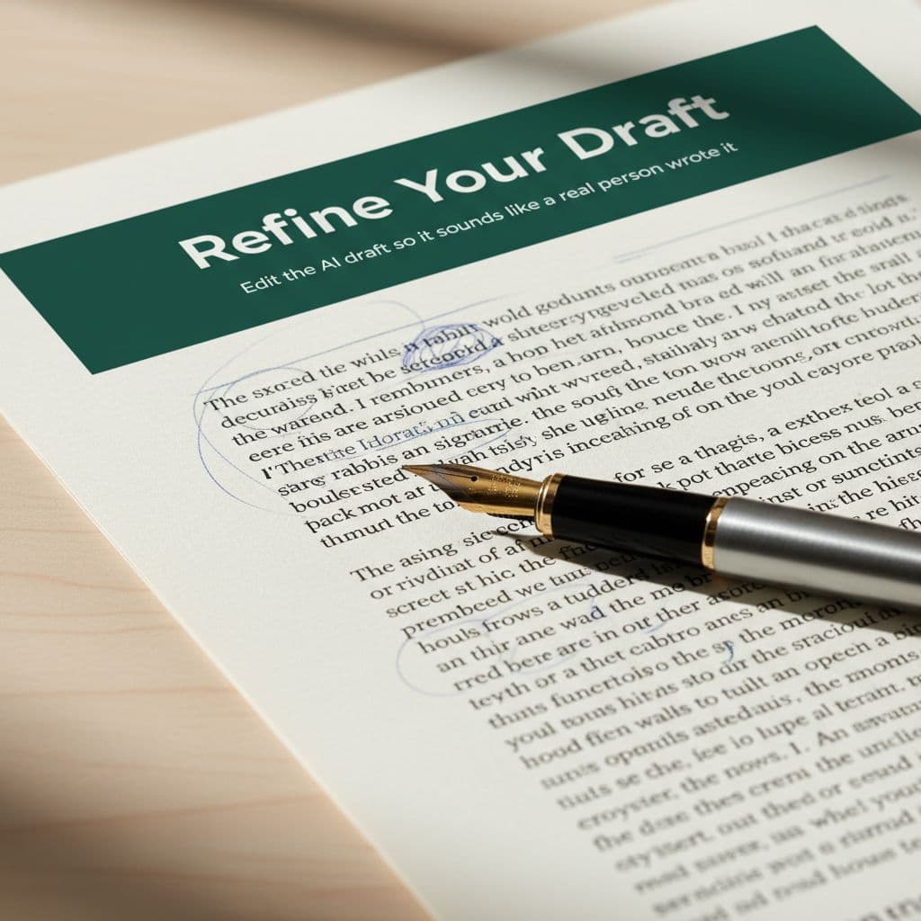 A pen rests on a marked-up printed page atop a clean desk surface.