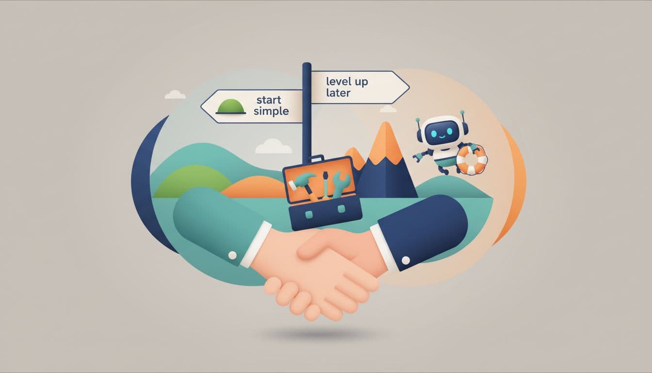 Professional flat-style illustration of hands in a gentle handshake passing a toolkit with hammer and screwdriver icons, a signpost to 'start simple' or 'level up' hill paths, and a cute robot mascot with a help buoy, on a supportive landscape background.