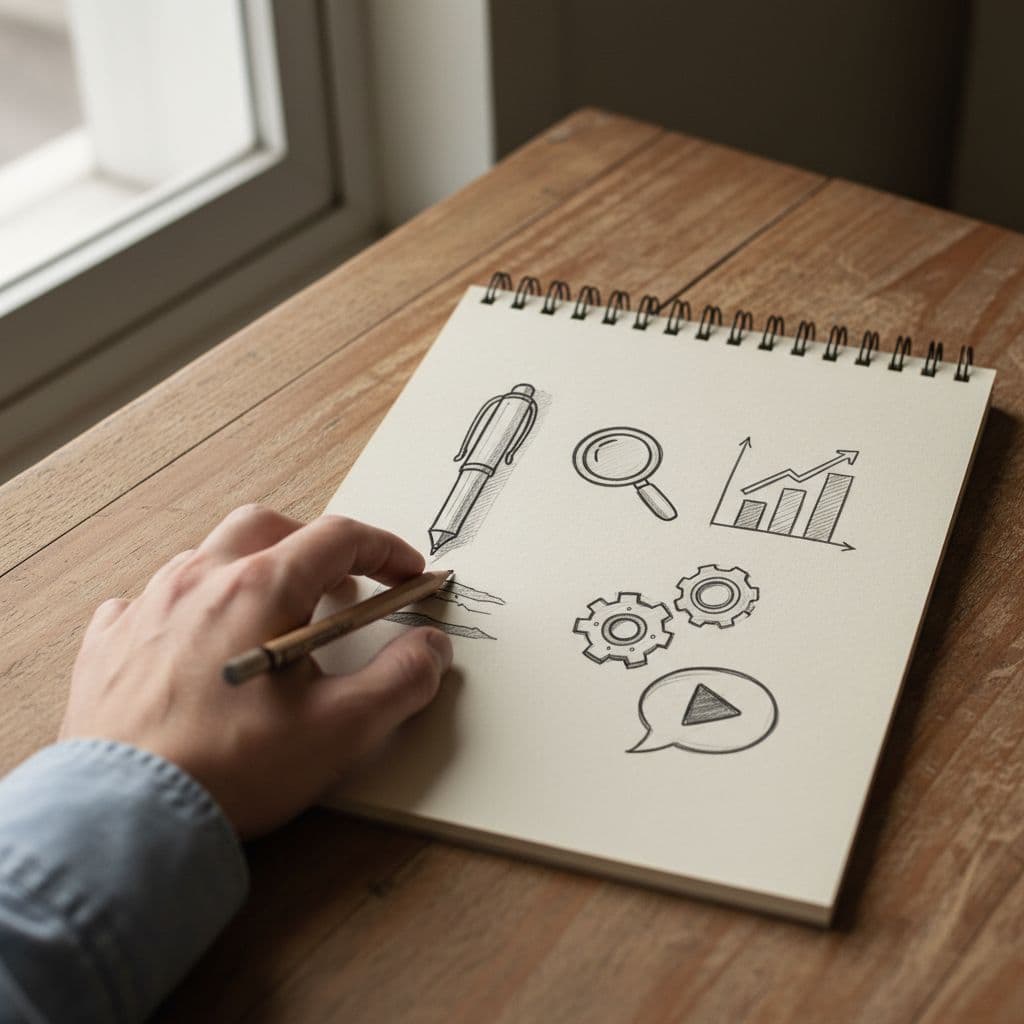 A hand-drawn sketch of content icons on a notepad resting on a wooden desk.