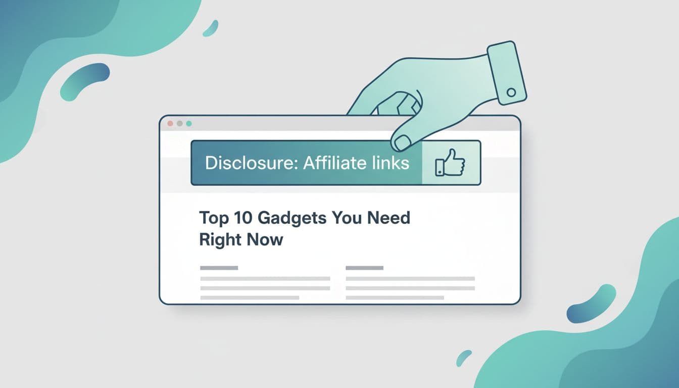 Flat vector illustration in modern style depicting a hand adding an 'Disclosure: Affiliate links' FTC banner to the top of a webpage article, with teal/blue accents, professional mood, and light humor via thumbs-up icon.