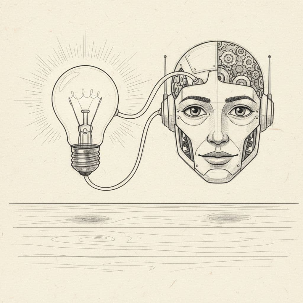A graphite sketch of a lightbulb and a robot head resting on a wooden table.