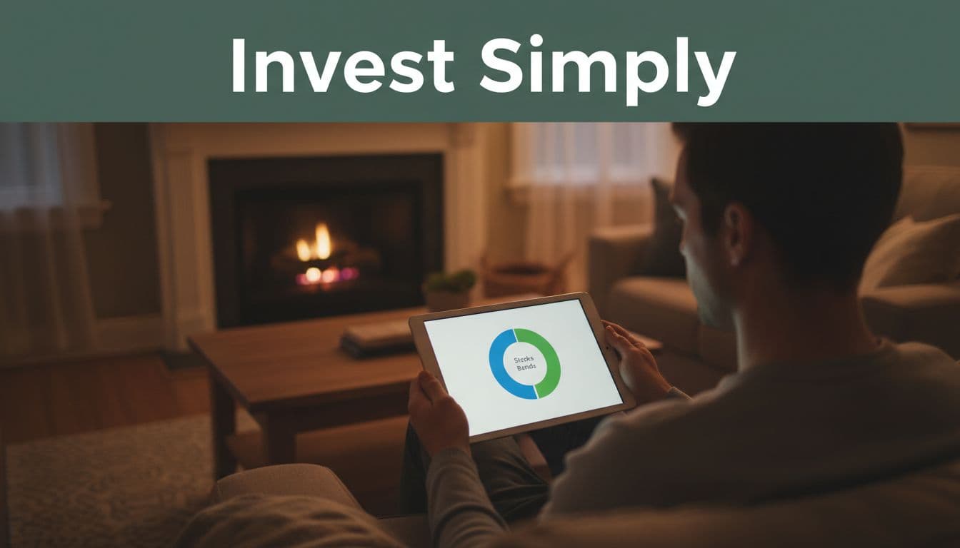 A bold 'Invest Simply' headline on a dark-green band atop an image of a person holding a tablet displaying a simple pie chart of stocks and bonds in a cozy living room, realistic photo style with soft evening light.