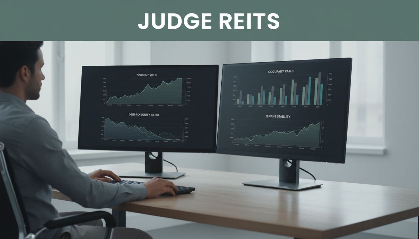 Investor examines REIT charts on dual monitors showing dividend yield, debt ratio, occupancy, and tenant stability under 'Judge REITs' header.