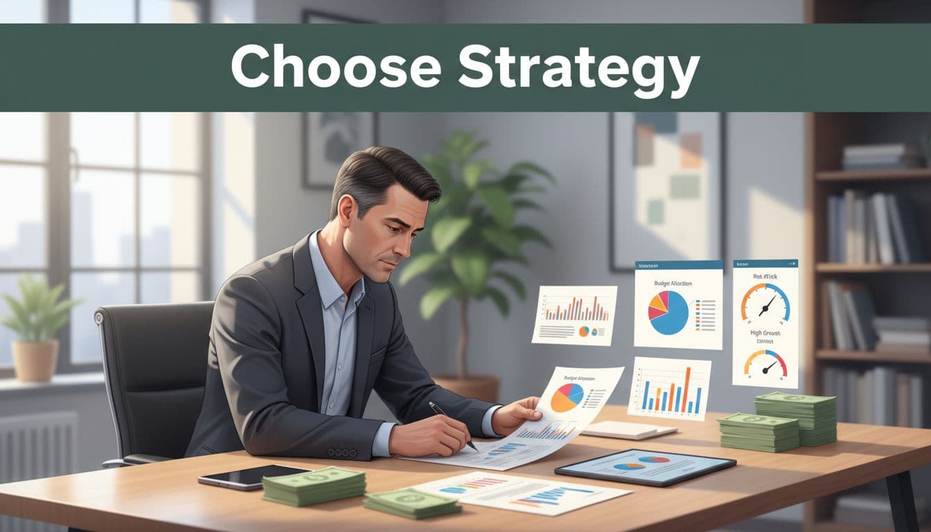 Investor at desk reviews budget charts, cash stacks, and risk gauges below dark green 'Choose Strategy' header in modern office.