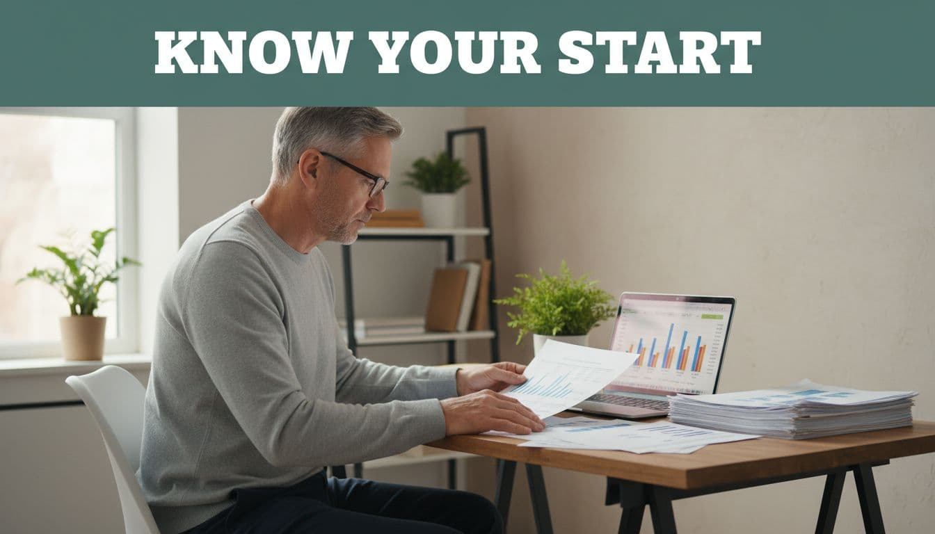 Bold 'Know Your Start' headline on a muted dark-green band atop a realistic photo of a middle-aged American at a home desk reviewing printed statements and laptop account balances in a simple modern office with natural daylight.