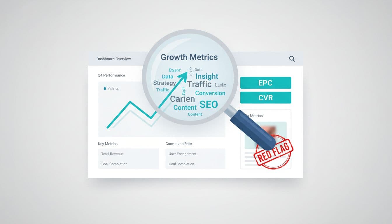 Magnifying glass inspecting an analytics dashboard with EPC and CVR tiles