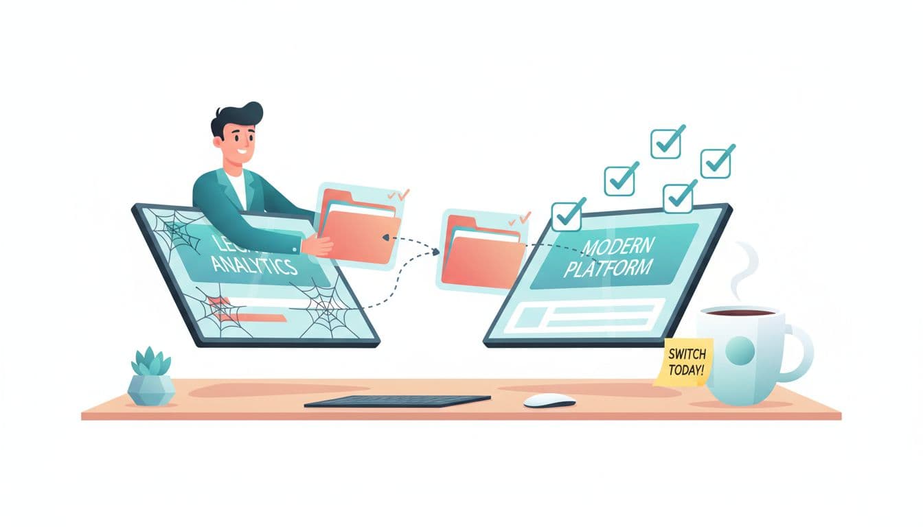 Marketer moving files from an old tool to a new tool with checkmarks flying around, coffee nearby, and a humorous old toolbox.