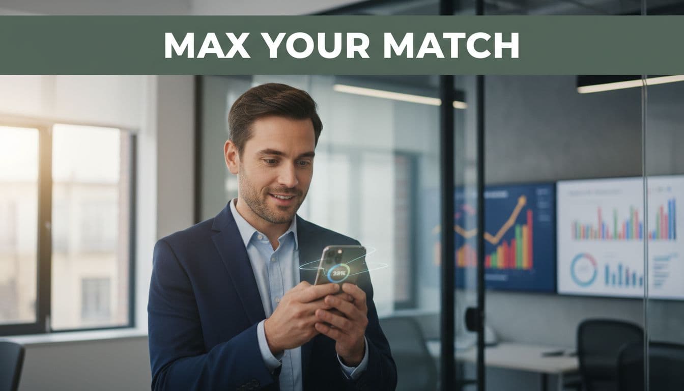 A professional in office attire examines a 401k statement on their smartphone highlighting the employer match in a realistic office setting with charts in the background, topped by a bold 'Max Your Match' headline on a dark-green band.