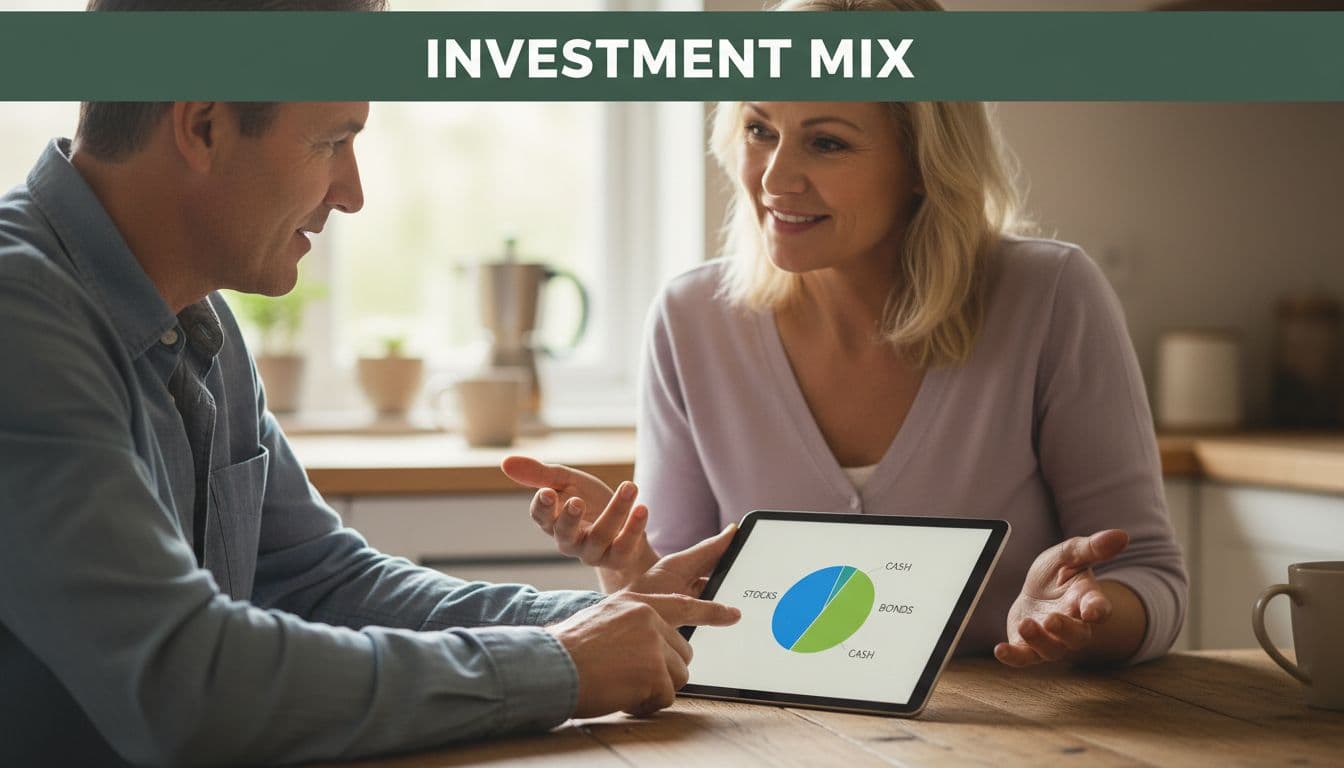 Middle-aged couple discusses investment asset allocation chart.