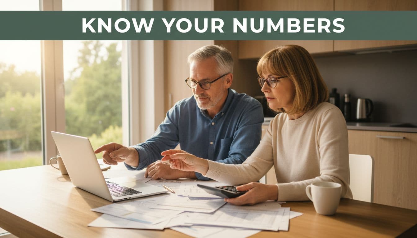 Middle-aged couple in their 50s at home kitchen table with open laptop and scattered printed statements, calmly calculating retirement account numbers in warm natural morning light. Bold 'Know Your Numbers' headline in dark-green band at top.