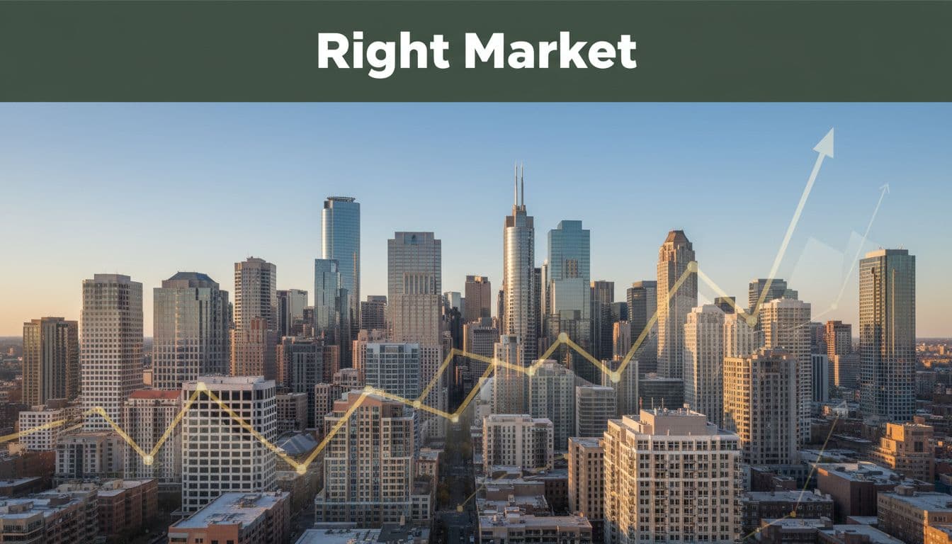 Aerial view of US Midwest city skyline with apartment buildings and integrated upward rent charts below dark-green 'Right Market' band.